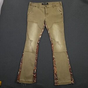 Valabasas Jeans Mens 38 Alpha Denim Khaki Jacquard Canvas Stretch Distressed
